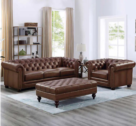 Allington 3-piece Top Grain Leather Set Sofa, Chair, Ottoman – Brown [ Costco Leather Sofa]